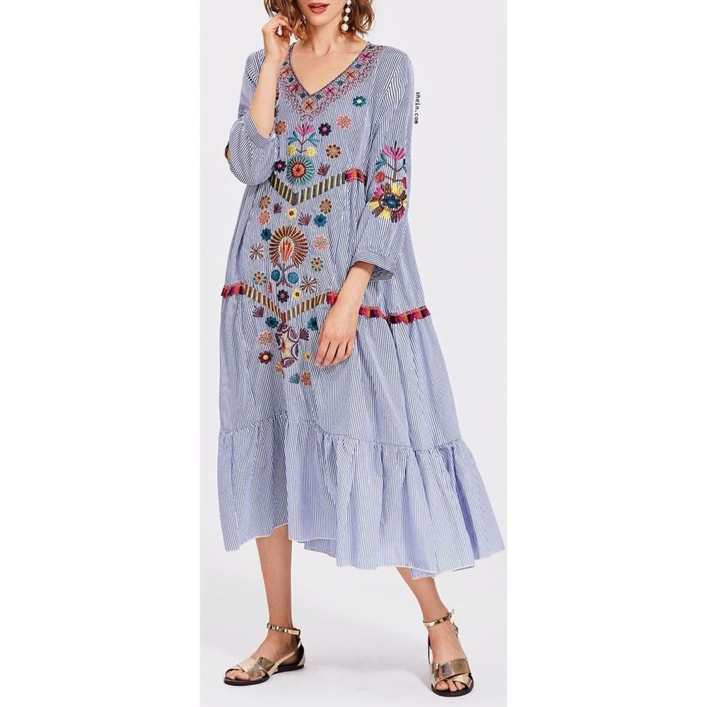 Anthropologie Stellah Genevieve Blue White Floral Embroidered  Dress Sz SP Boho